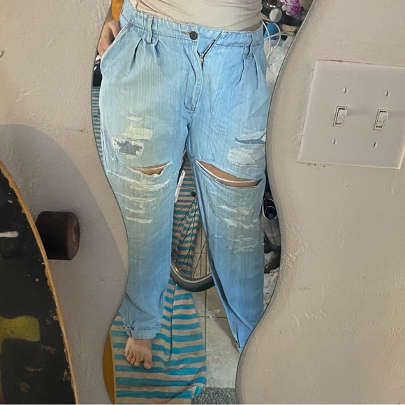 Trashed Vintage New River Pleated Straight Jeans Destroyed 34L Cuffed Ripped - Picture 3 of 14